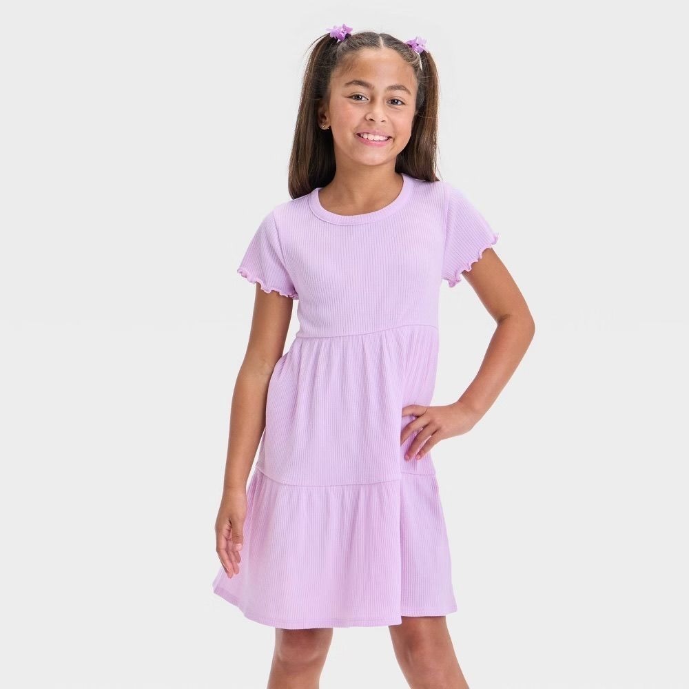 Girls' Short Sleeve Tiered Ribbed Dress - Cat & Jack™ Light Purple S (6/7)